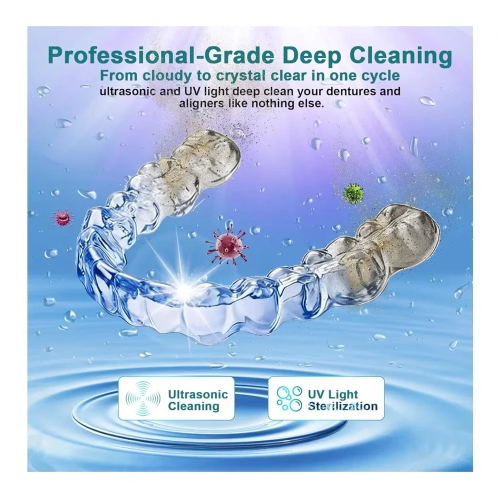 Ultrasonic Retainer Cleaner UV Light Sterilizer 49kHz Dental Jewelry 200ml White